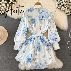 Women's Elegant Blue Floral Lantern Sleeve Knee Length A Line Dress Spring Summer Lady Sweet O Neck Single Breasted Dress Aiertu