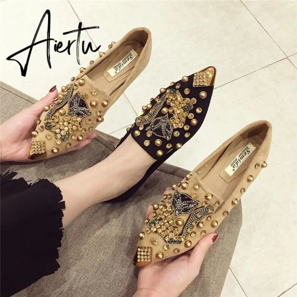 Women's Flat Pointed Toe Closed Loafers Backless Mules SLip-on Slippers Metal Designer Shoes Low Heel Casual Ladies Shoes Balle Aiertu