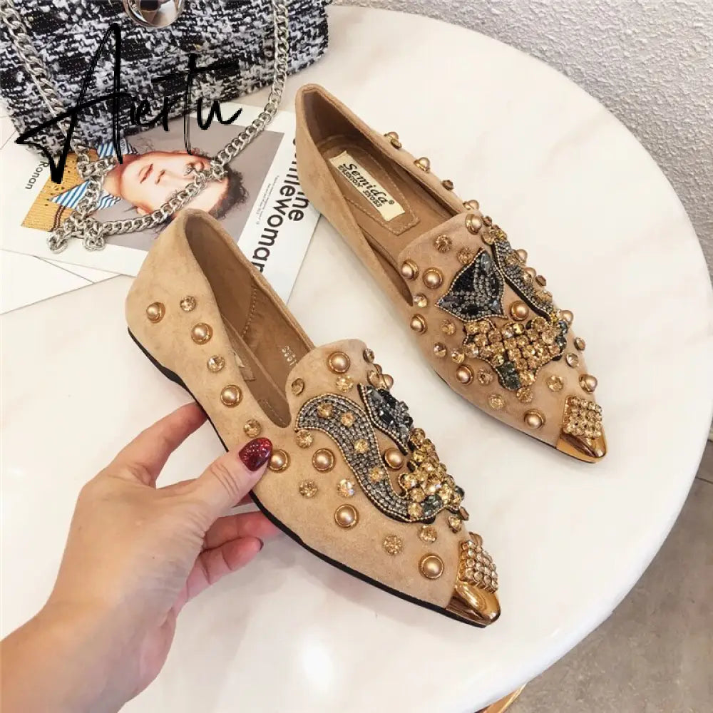 Women's Flat Pointed Toe Closed Loafers Backless Mules SLip-on Slippers Metal Designer Shoes Low Heel Casual Ladies Shoes Balle Aiertu