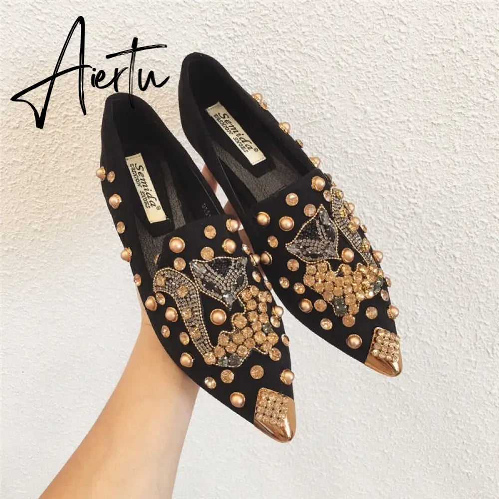 Women's Flat Pointed Toe Closed Loafers Backless Mules SLip-on Slippers Metal Designer Shoes Low Heel Casual Ladies Shoes Balle Aiertu