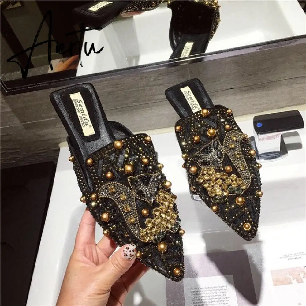 Women's Flat Pointed Toe Closed Loafers Backless Mules SLip-on Slippers Metal Designer Shoes Low Heel Casual Ladies Shoes Balle Aiertu