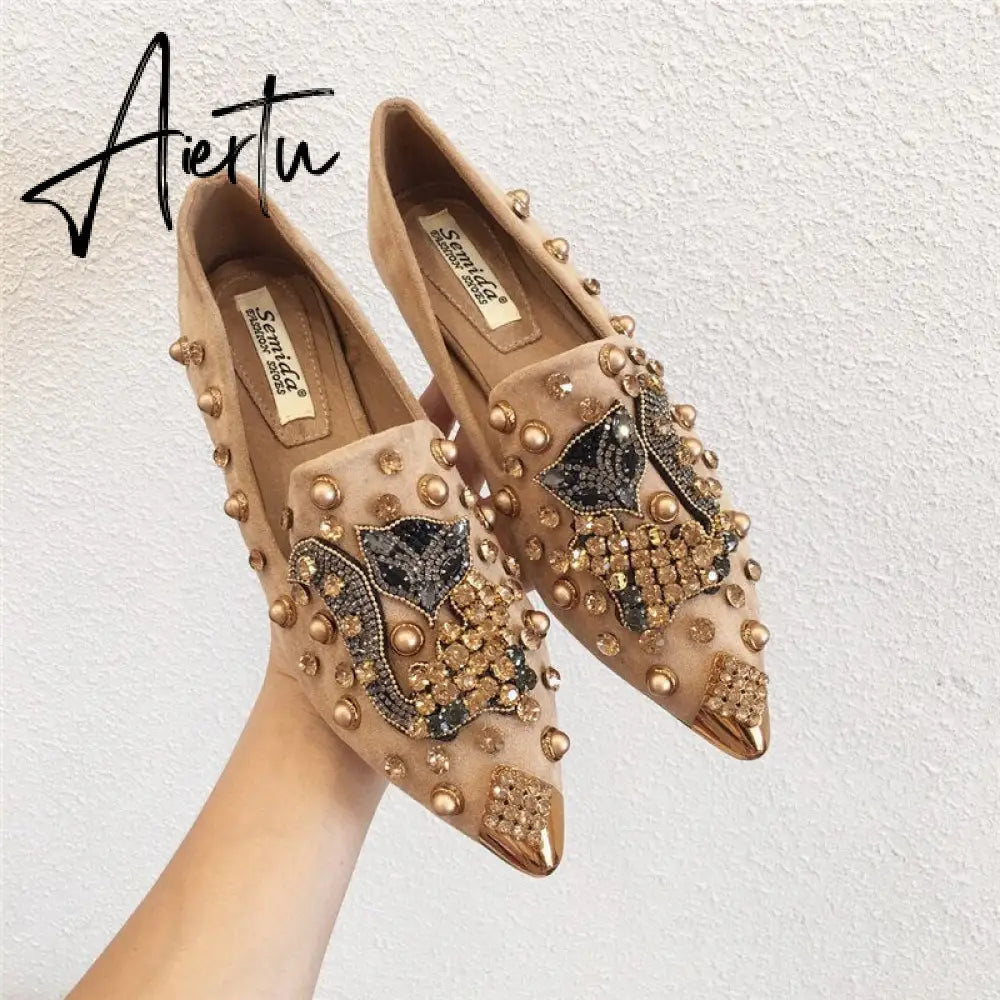 Women's Flat Pointed Toe Closed Loafers Backless Mules SLip-on Slippers Metal Designer Shoes Low Heel Casual Ladies Shoes Balle Aiertu