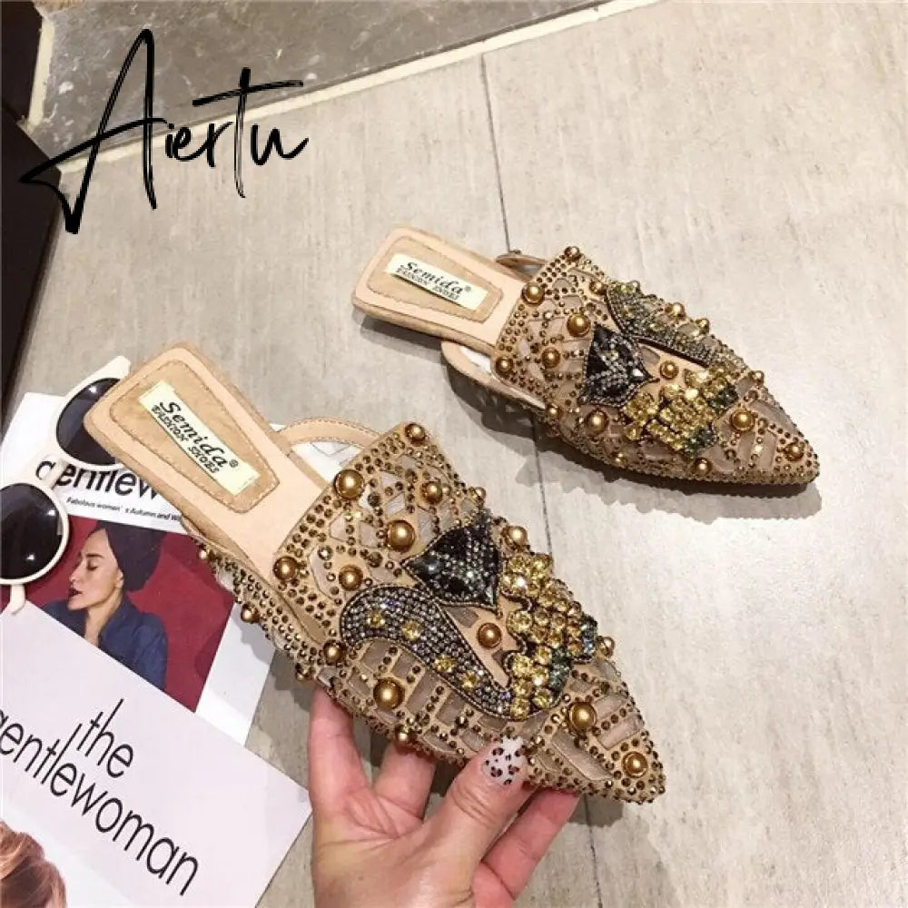 Women's Flat Pointed Toe Closed Loafers Backless Mules SLip-on Slippers Metal Designer Shoes Low Heel Casual Ladies Shoes Balle Aiertu