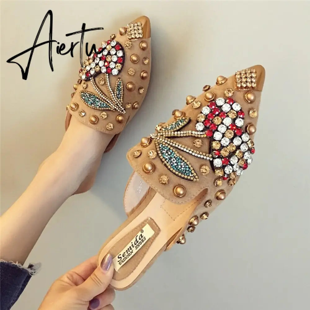 Women's Flats Pointed Toe Loafers Slip-on Mules Ballet Slippers Wedding Platform Casual Female Shoes Metal Luxury Shoes Ladies Aiertu