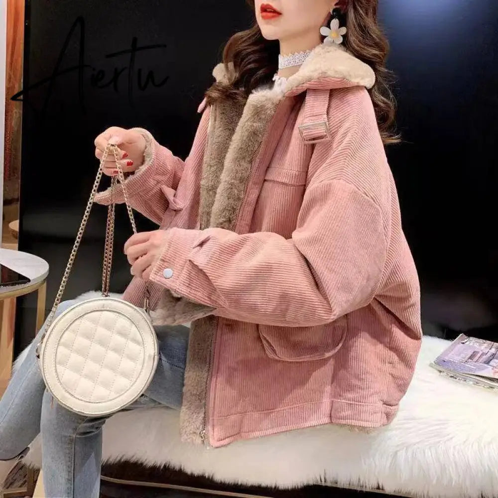 Women's Fleece Lining Zipper Lambswool Cotton Coat Autumn Winter Jacket Women Corduroy Parkas Loose Thicken Warm Short Coat Aiertu