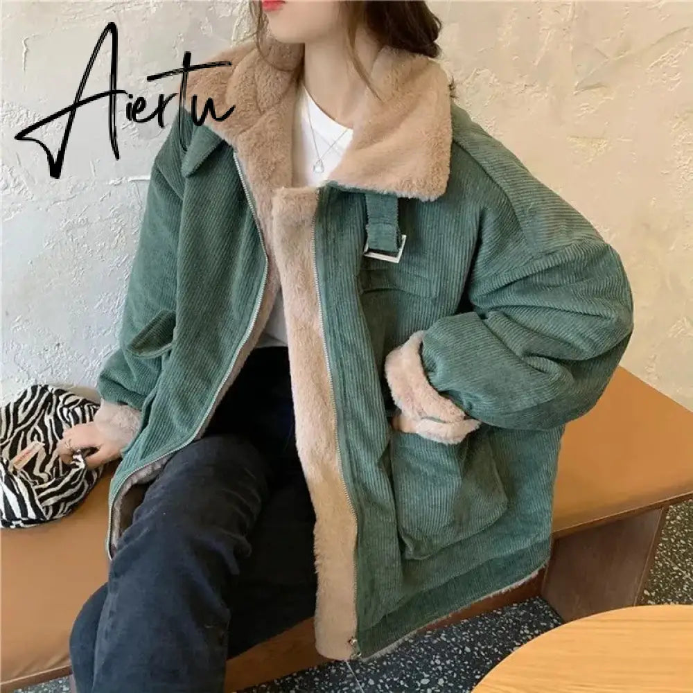Women's Fleece Lining Zipper Lambswool Cotton Coat Autumn Winter Jacket Women Corduroy Parkas Loose Thicken Warm Short Coat Aiertu
