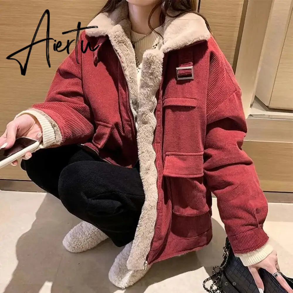 Women's Fleece Lining Zipper Lambswool Cotton Coat Autumn Winter Jacket Women Corduroy Parkas Loose Thicken Warm Short Coat Aiertu