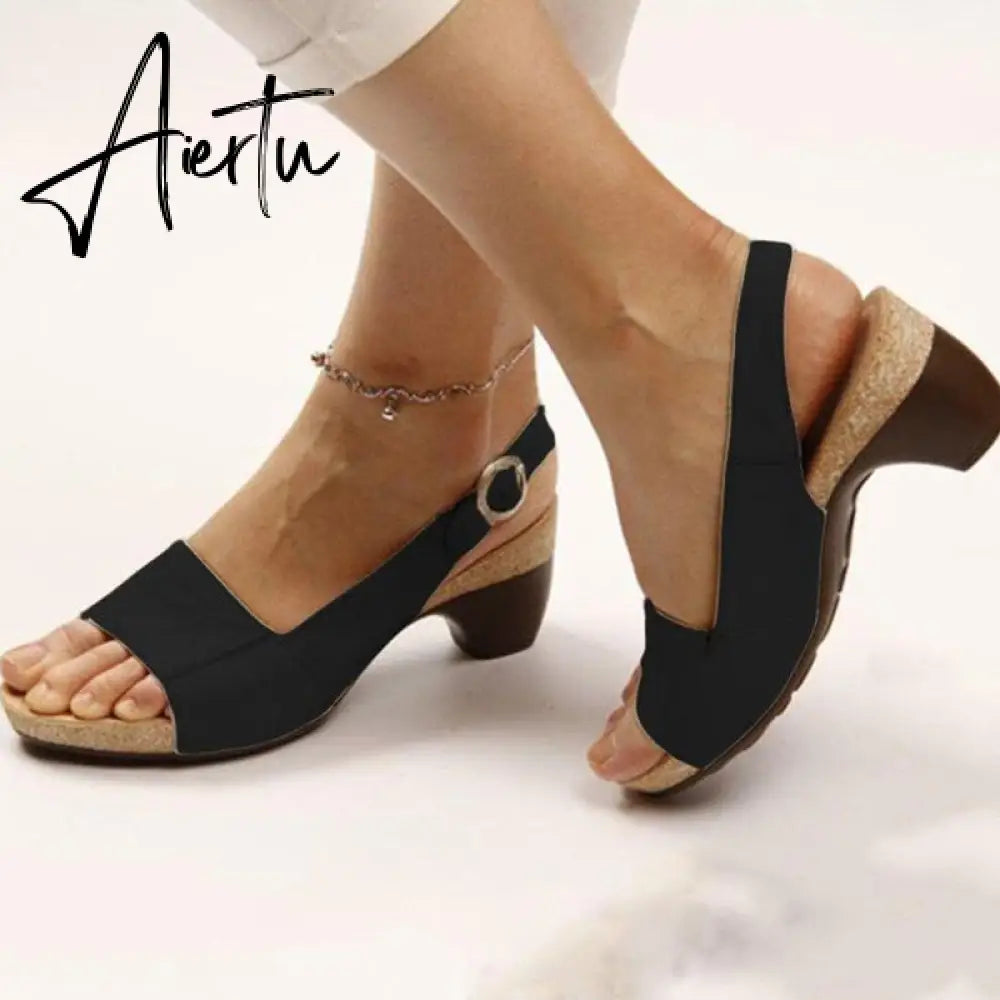 Women's Gladiator Sandals Buckle Strap Woman Chunky Heels Peep Toe Ladies Casual Shoes Female Summer Autumn Fashion Sandals Aiertu