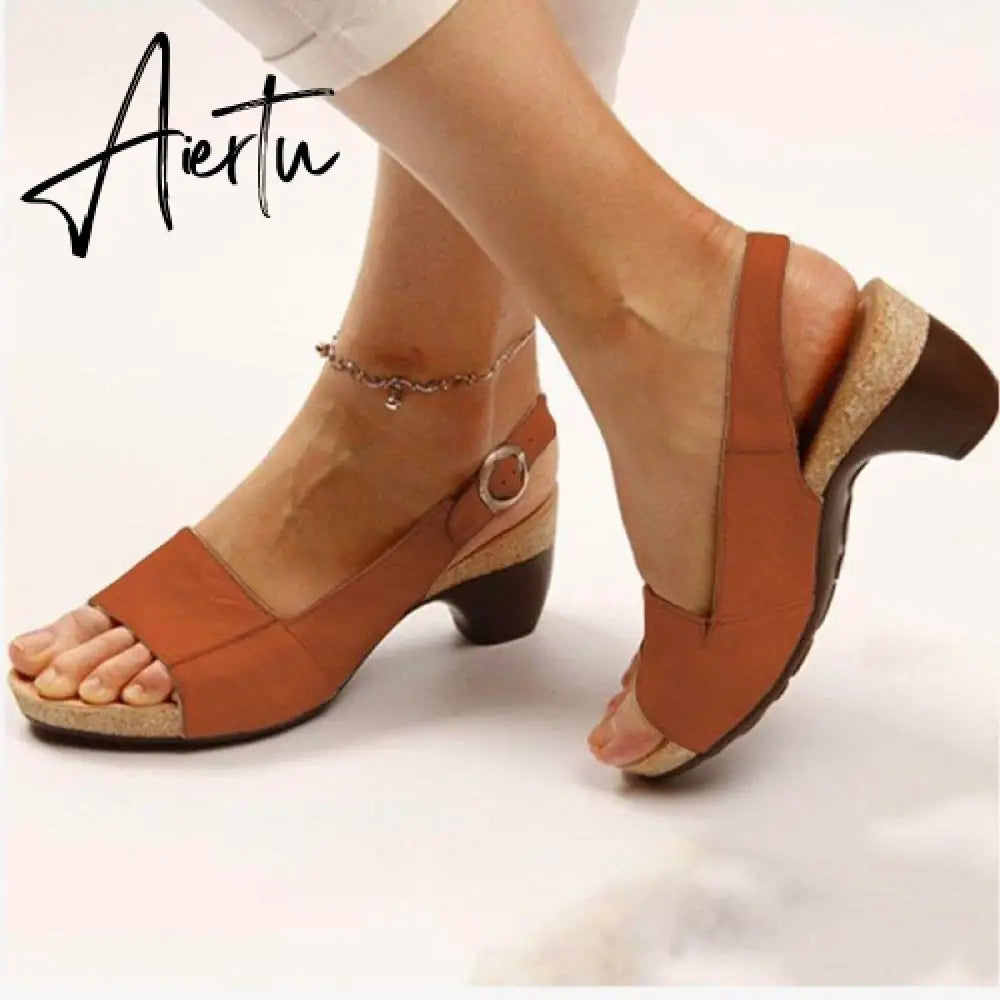 Women's Gladiator Sandals Buckle Strap Woman Chunky Heels Peep Toe Ladies Casual Shoes Female Summer Autumn Fashion Sandals Aiertu