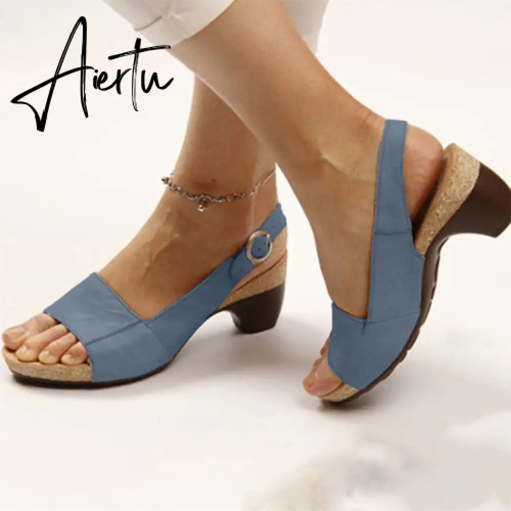 Women's Gladiator Sandals Buckle Strap Woman Chunky Heels Peep Toe Ladies Casual Shoes Female Summer Autumn Fashion Sandals Aiertu