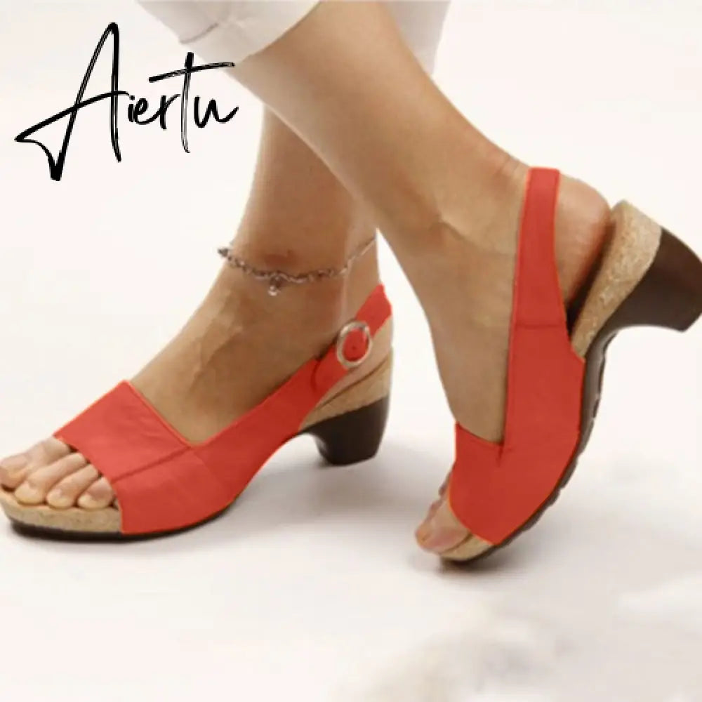 Women's Gladiator Sandals Buckle Strap Woman Chunky Heels Peep Toe Ladies Casual Shoes Female Summer Autumn Fashion Sandals Aiertu