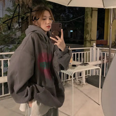 Women's Grey Fashion Letter Printing Baggy Pullover Pocket Fleece Thicken Sweatshirt Lazy Casual Raglan Sleeves Hoodie Winter Aiertu