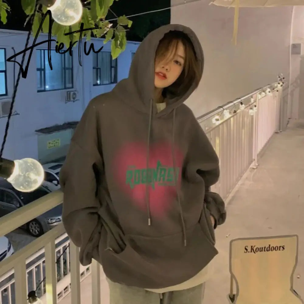 Women's Grey Fashion Letter Printing Baggy Pullover Pocket Fleece Thicken Sweatshirt Lazy Casual Raglan Sleeves Hoodie Winter Aiertu