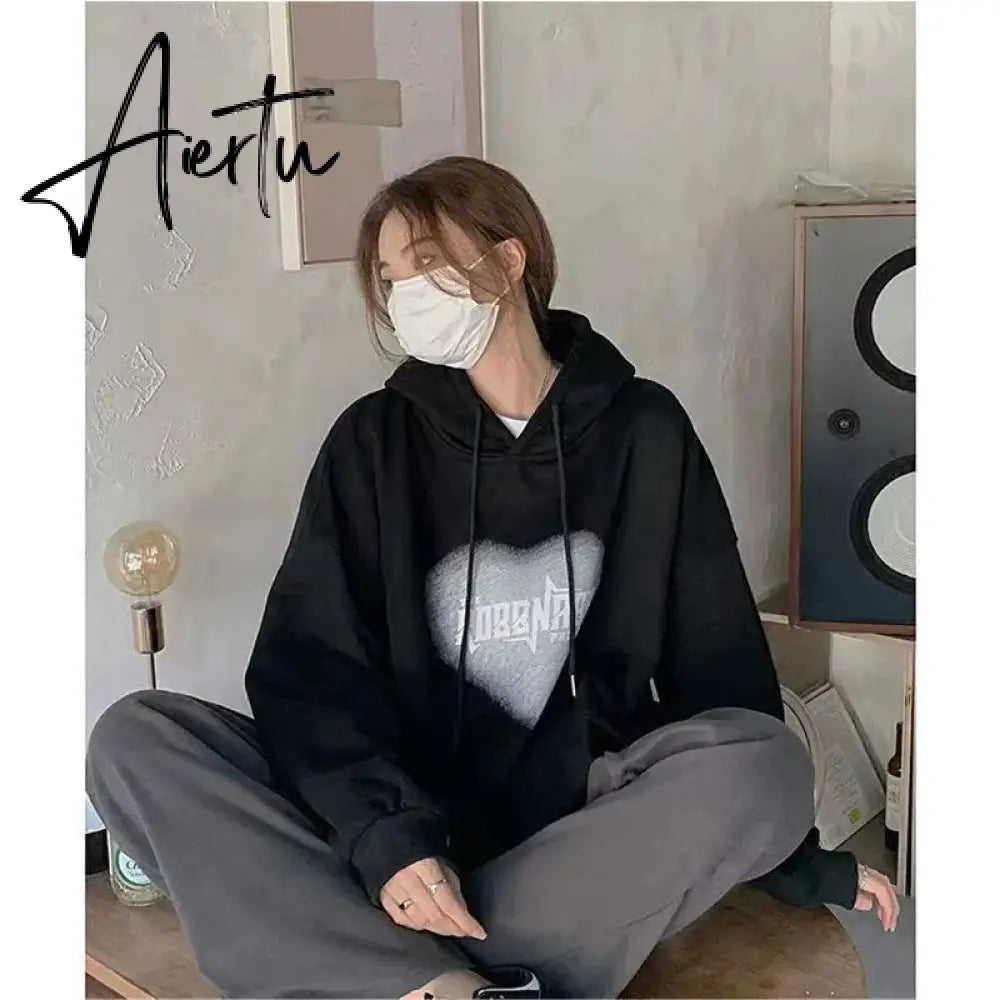 Women's Grey Fashion Letter Printing Baggy Pullover Pocket Fleece Thicken Sweatshirt Lazy Casual Raglan Sleeves Hoodie Winter Aiertu