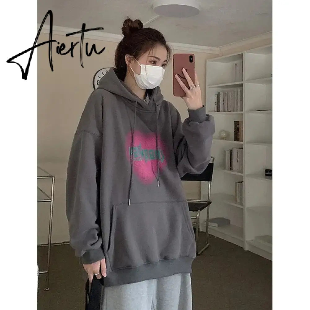 Women's Grey Fashion Letter Printing Baggy Pullover Pocket Fleece Thicken Sweatshirt Lazy Casual Raglan Sleeves Hoodie Winter Aiertu