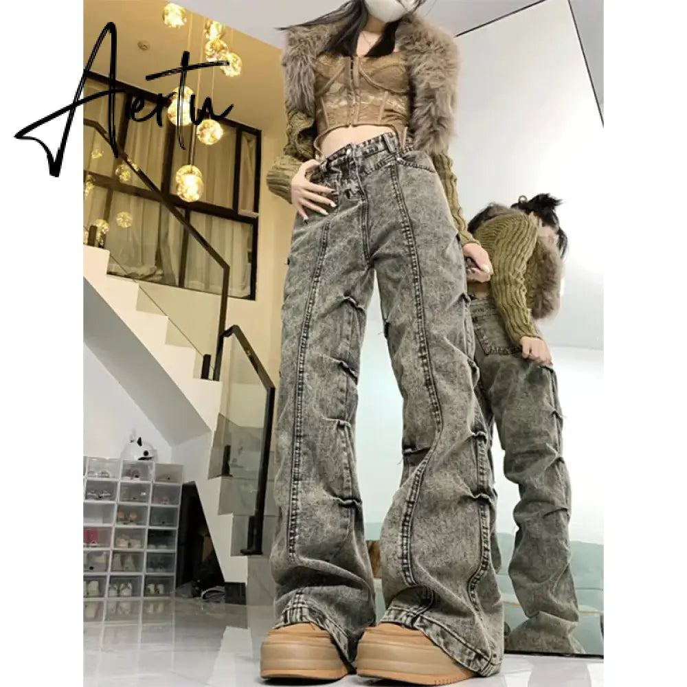 Women's Grey Jeans Vintage Korean 90s Aesthetic Denim Trousers Harajuku High Waist Cowboy Pants Fashion Y2k 2000s Trashy Clothes Aiertu