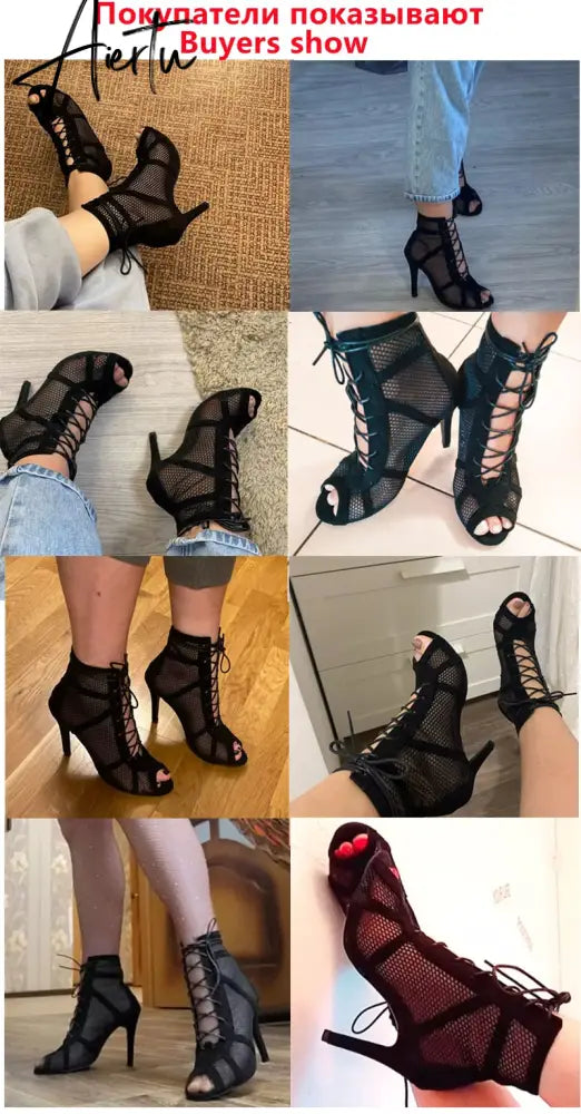 Women's High Top Dance Shoes Black Ballroom Boots Salsa Tango Shoes Girl Fashion Party Mesh Cutout High Heel Sandals Summer Aiertu