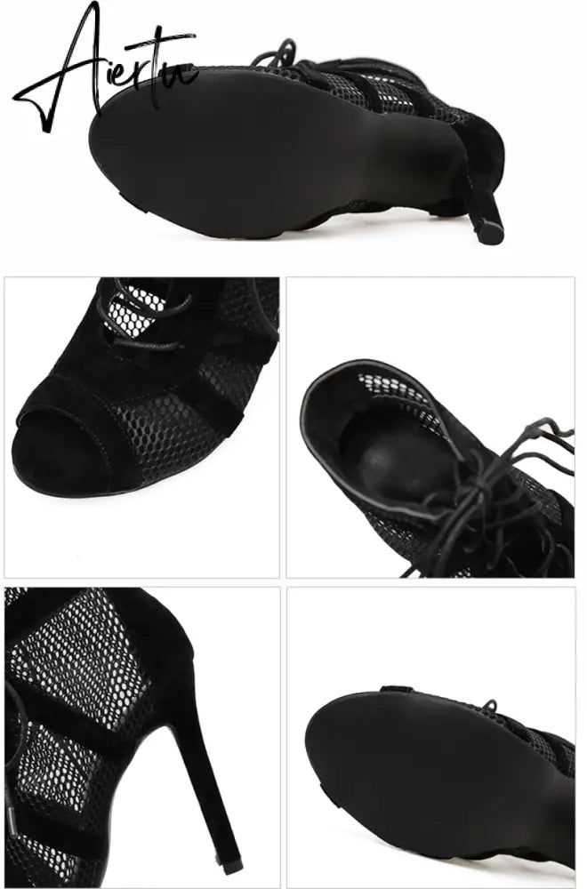Women's High Top Dance Shoes Black Ballroom Boots Salsa Tango Shoes Girl Fashion Party Mesh Cutout High Heel Sandals Summer Aiertu