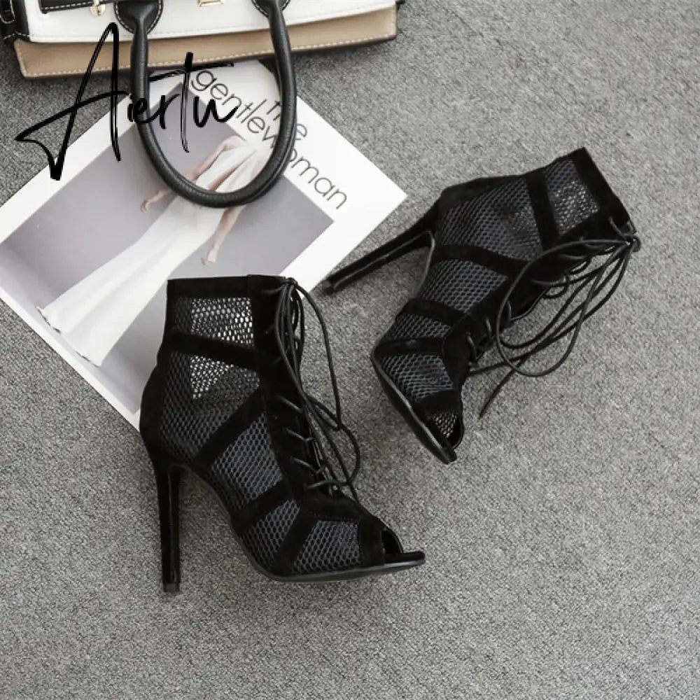 Women's High Top Dance Shoes Black Ballroom Boots Salsa Tango Shoes Girl Fashion Party Mesh Cutout High Heel Sandals Summer Aiertu