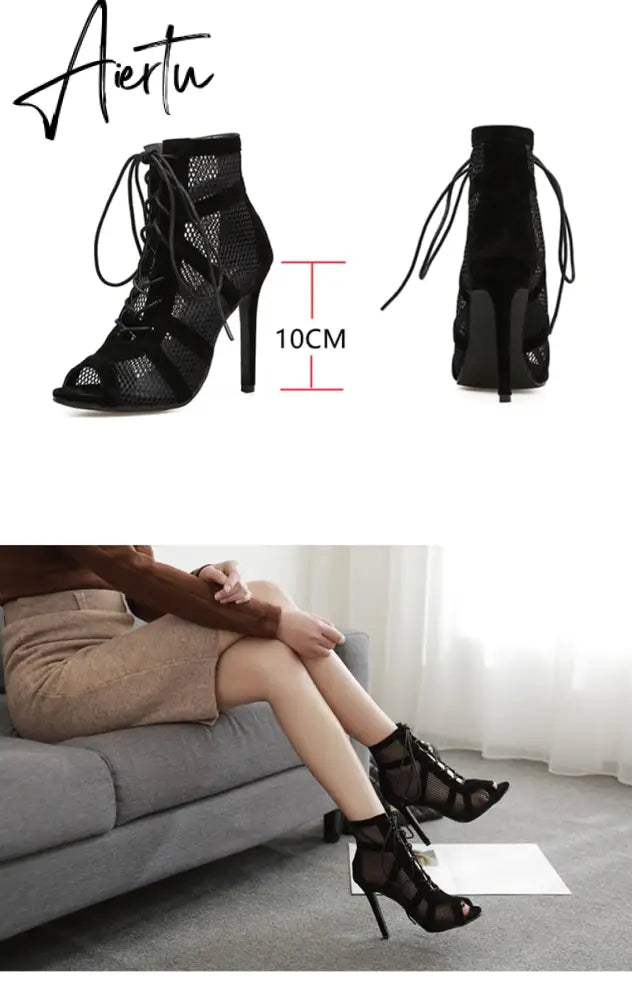 Women's High Top Dance Shoes Black Ballroom Boots Salsa Tango Shoes Girl Fashion Party Mesh Cutout High Heel Sandals Summer Aiertu