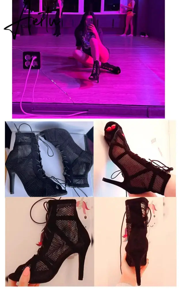 Women's High Top Dance Shoes Black Ballroom Boots Salsa Tango Shoes Girl Fashion Party Mesh Cutout High Heel Sandals Summer Aiertu