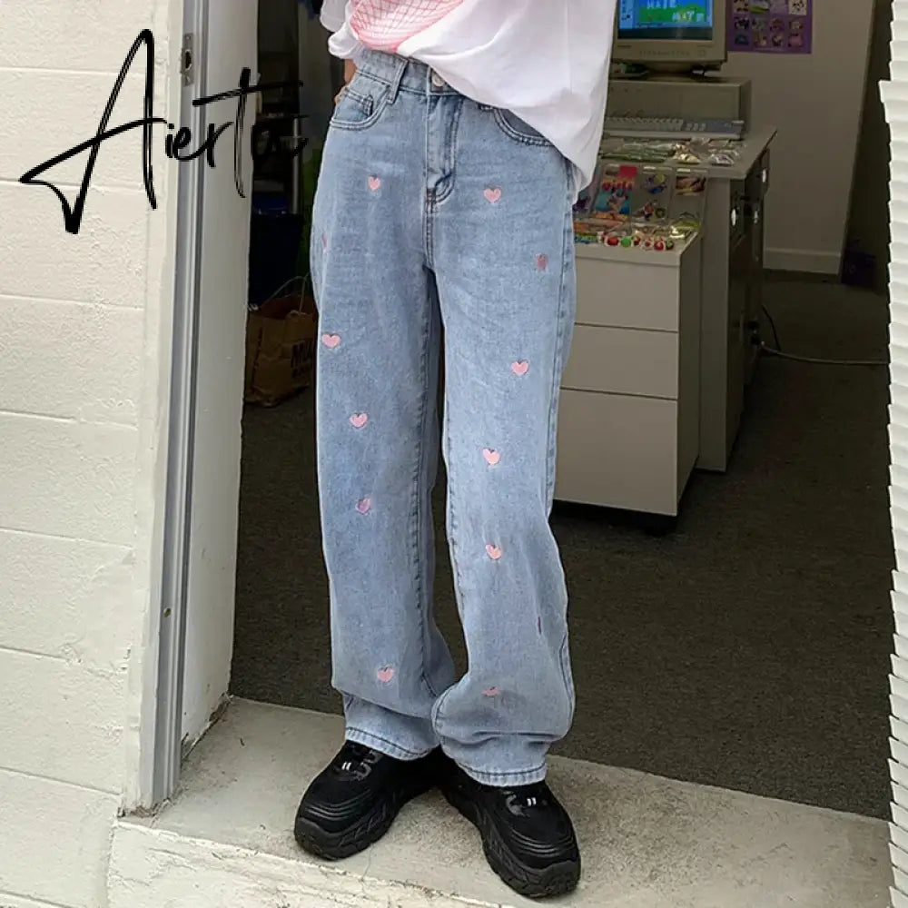 Women's Jeans Vintage Heart Shaped Embroidery Streetwear High Waist Wide Leg Pants Baggy Harajuku Straight Denim Trouser Aiertu