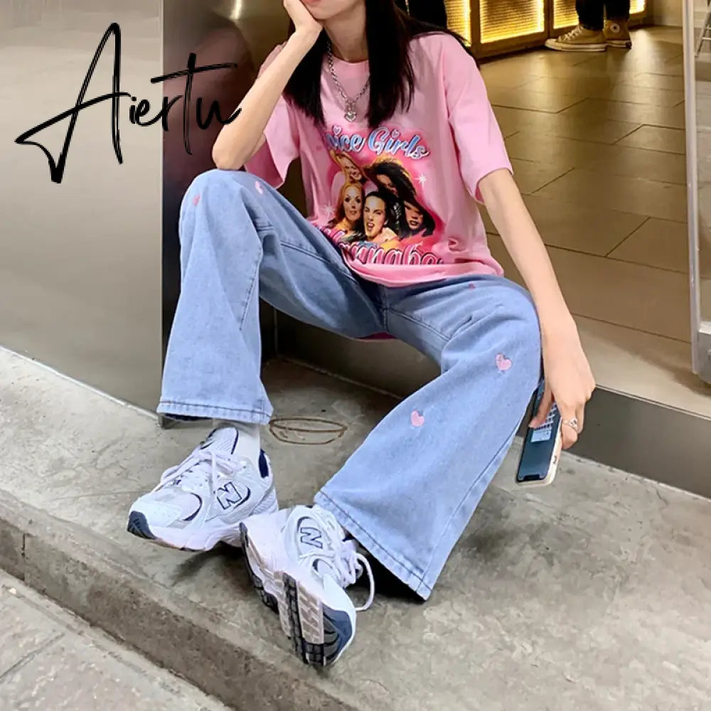 Women's Jeans Vintage Heart Shaped Embroidery Streetwear High Waist Wide Leg Pants Baggy Harajuku Straight Denim Trouser Aiertu