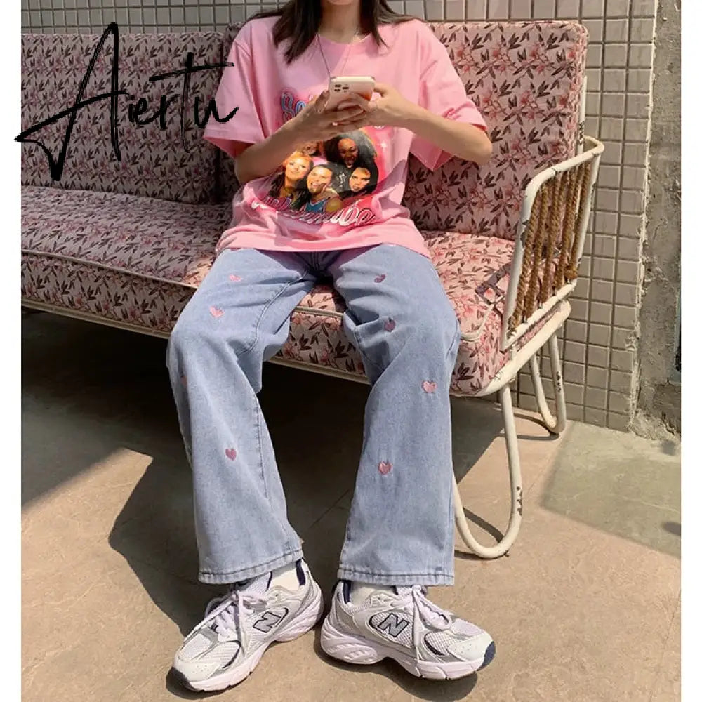 Women's Jeans Vintage Heart Shaped Embroidery Streetwear High Waist Wide Leg Pants Baggy Harajuku Straight Denim Trouser Aiertu