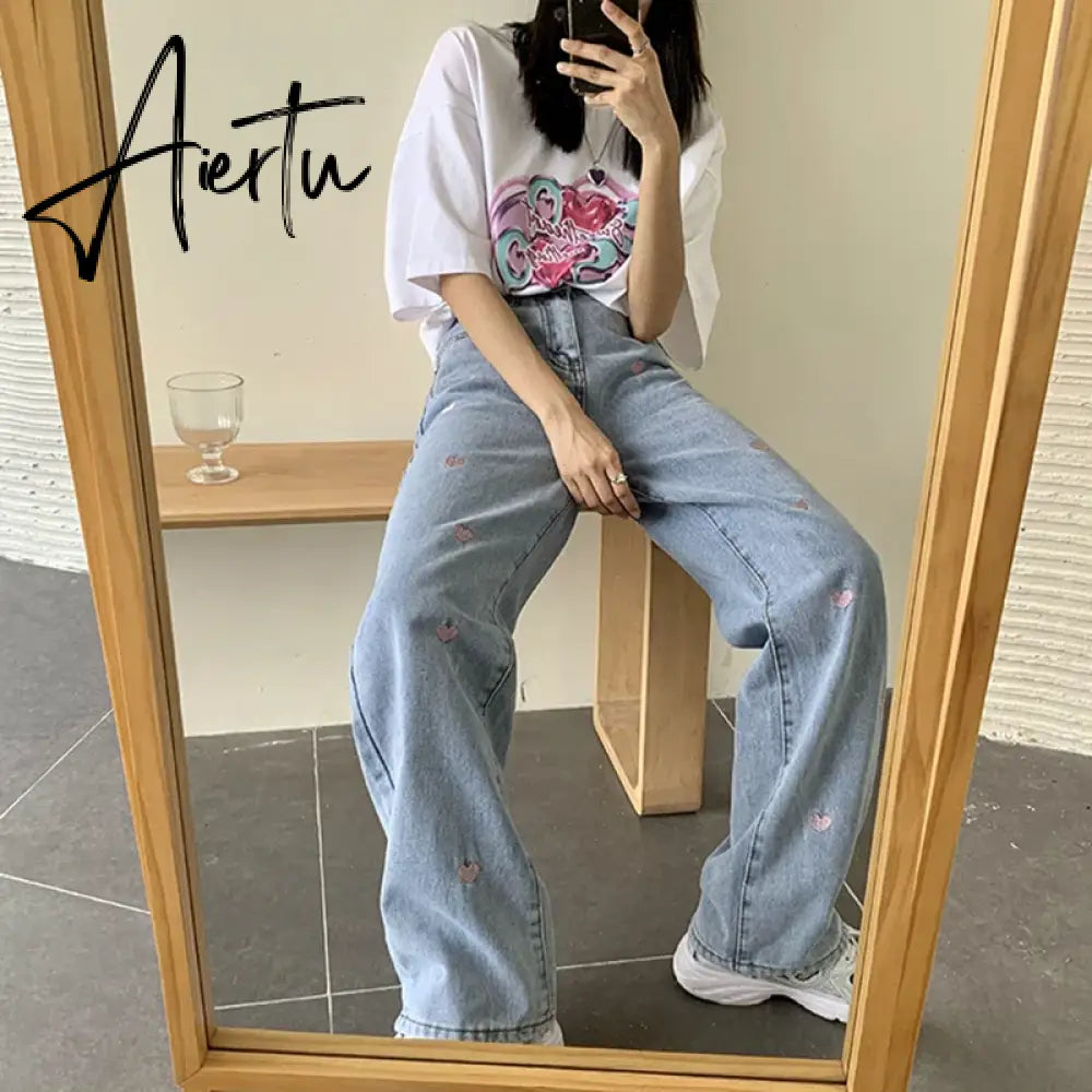 Women's Jeans Vintage Heart Shaped Embroidery Streetwear High Waist Wide Leg Pants Baggy Harajuku Straight Denim Trouser Aiertu