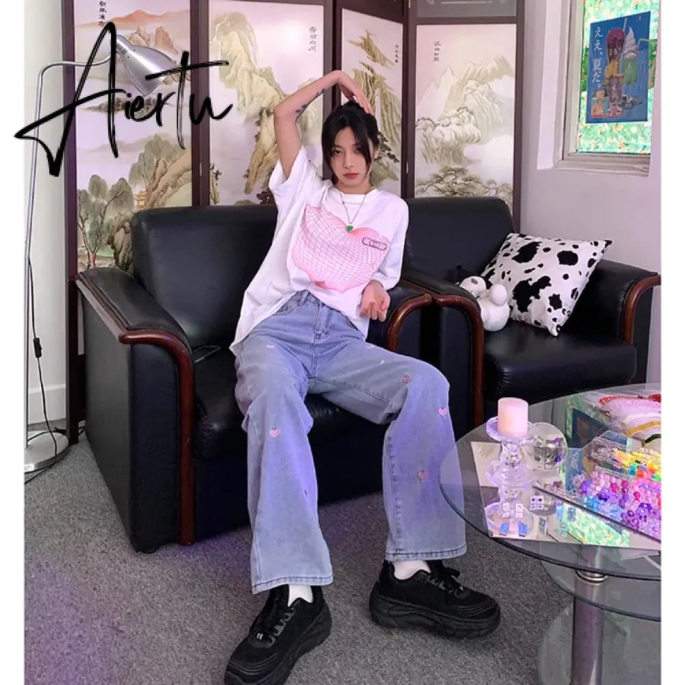 Women's Jeans Vintage Heart Shaped Embroidery Streetwear High Waist Wide Leg Pants Baggy Harajuku Straight Denim Trouser Aiertu