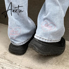 Women's Jeans Vintage Heart Shaped Embroidery Streetwear High Waist Wide Leg Pants Baggy Harajuku Straight Denim Trouser Aiertu