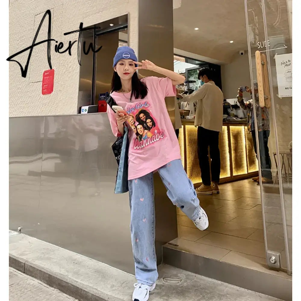Women's Jeans Vintage Heart Shaped Embroidery Streetwear High Waist Wide Leg Pants Baggy Harajuku Straight Denim Trouser Aiertu
