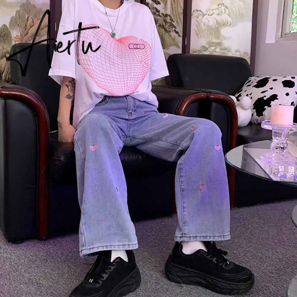 Women's Jeans Vintage Heart Shaped Embroidery Streetwear High Waist Wide Leg Pants Baggy Harajuku Straight Denim Trouser Aiertu