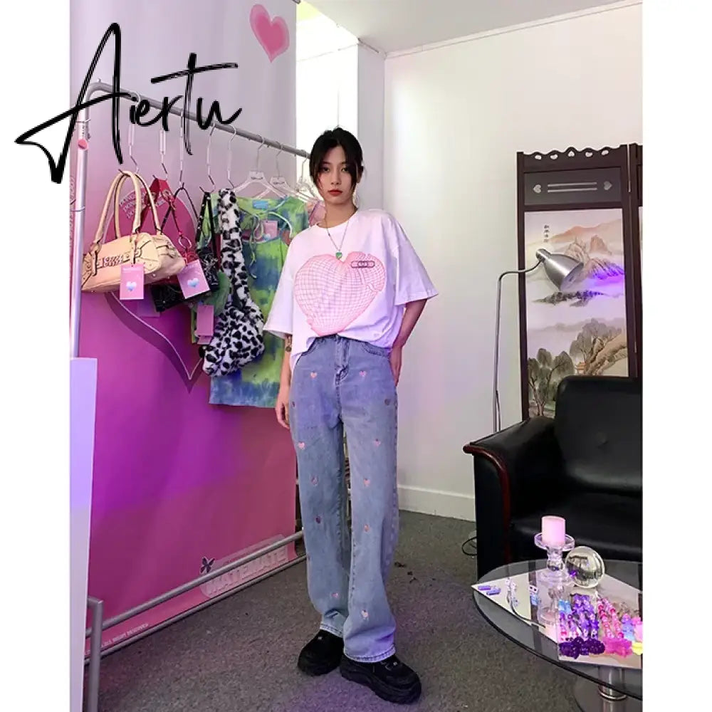 Women's Jeans Vintage Heart Shaped Embroidery Streetwear High Waist Wide Leg Pants Baggy Harajuku Straight Denim Trouser Aiertu