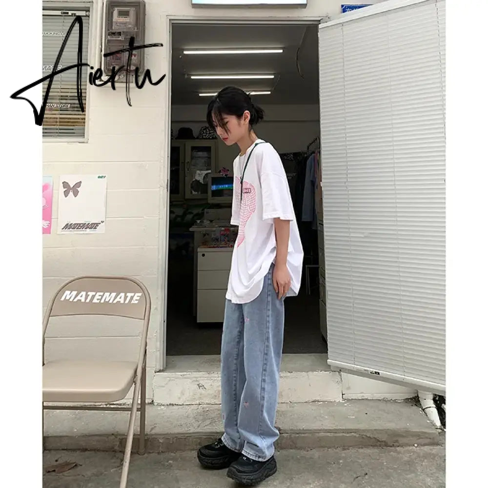 Women's Jeans Vintage Heart Shaped Embroidery Streetwear High Waist Wide Leg Pants Baggy Harajuku Straight Denim Trouser Aiertu