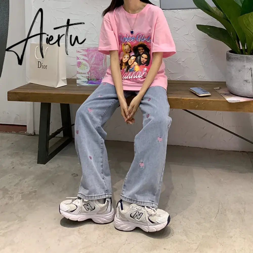 Women's Jeans Vintage Heart Shaped Embroidery Streetwear High Waist Wide Leg Pants Baggy Harajuku Straight Denim Trouser Aiertu