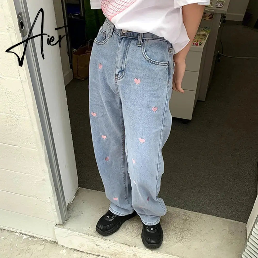 Women's Jeans Vintage Heart Shaped Embroidery Streetwear High Waist Wide Leg Pants Baggy Harajuku Straight Denim Trouser Aiertu