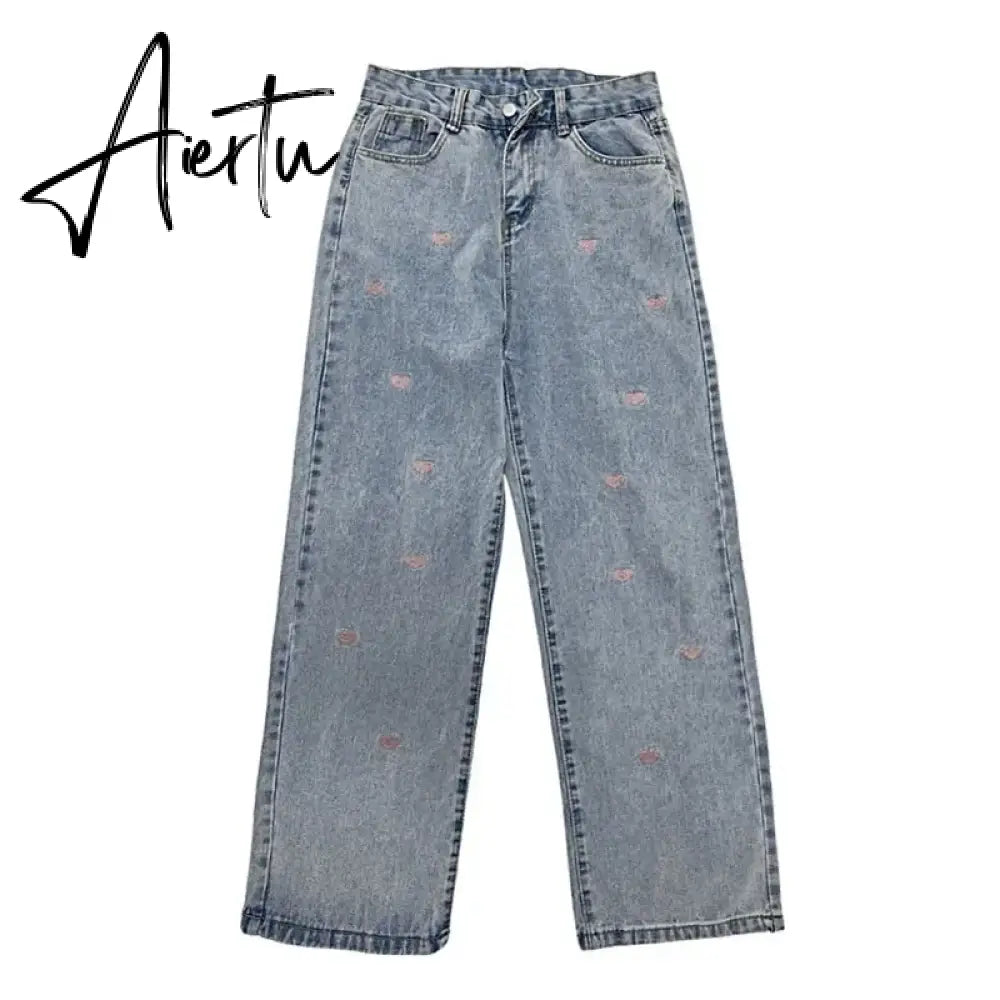Women's Jeans Vintage Heart Shaped Embroidery Streetwear High Waist Wide Leg Pants Baggy Harajuku Straight Denim Trouser Aiertu