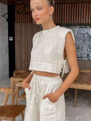 Women's Linen Style Casual Slim Fit Suit Sleeveless Lace Up Tops With Comfortable Wide Leg Pants Summer Beach Vacation Sets Aiertu