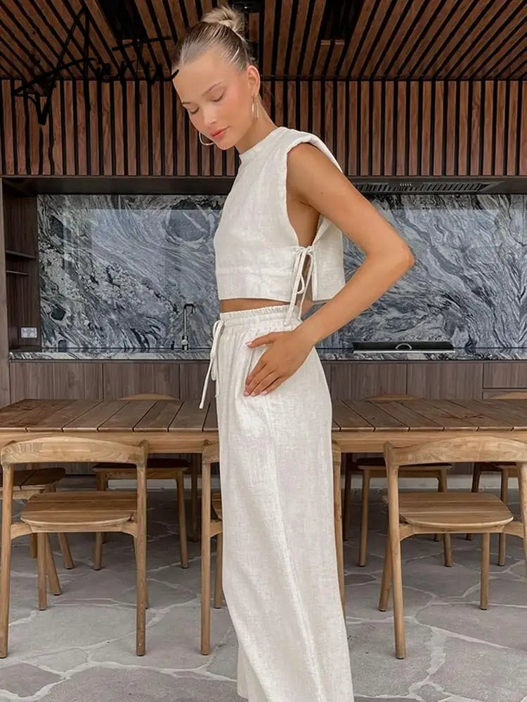 Women's Linen Style Casual Slim Fit Suit Sleeveless Lace Up Tops With Comfortable Wide Leg Pants Summer Beach Vacation Sets Aiertu