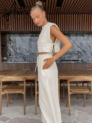 Women's Linen Style Casual Slim Fit Suit Sleeveless Lace Up Tops With Comfortable Wide Leg Pants Summer Beach Vacation Sets Aiertu