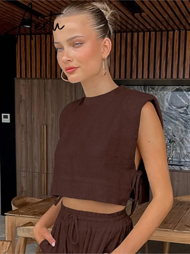 Women's Linen Style Casual Slim Fit Suit Sleeveless Lace Up Tops With Comfortable Wide Leg Pants Summer Beach Vacation Sets Aiertu