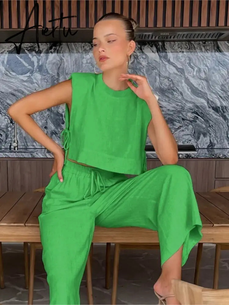 Women's Linen Style Casual Slim Fit Suit Sleeveless Lace Up Tops With Comfortable Wide Leg Pants Summer Beach Vacation Sets Aiertu
