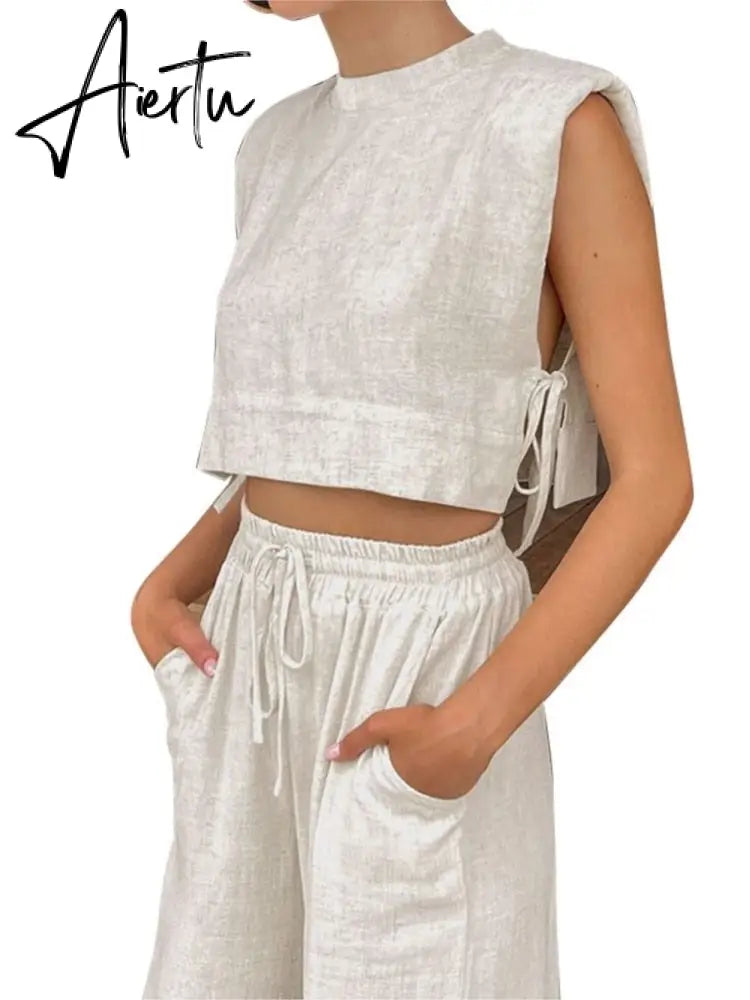 Women's Linen Style Casual Slim Fit Suit Sleeveless Lace Up Tops With Comfortable Wide Leg Pants Summer Beach Vacation Sets Aiertu
