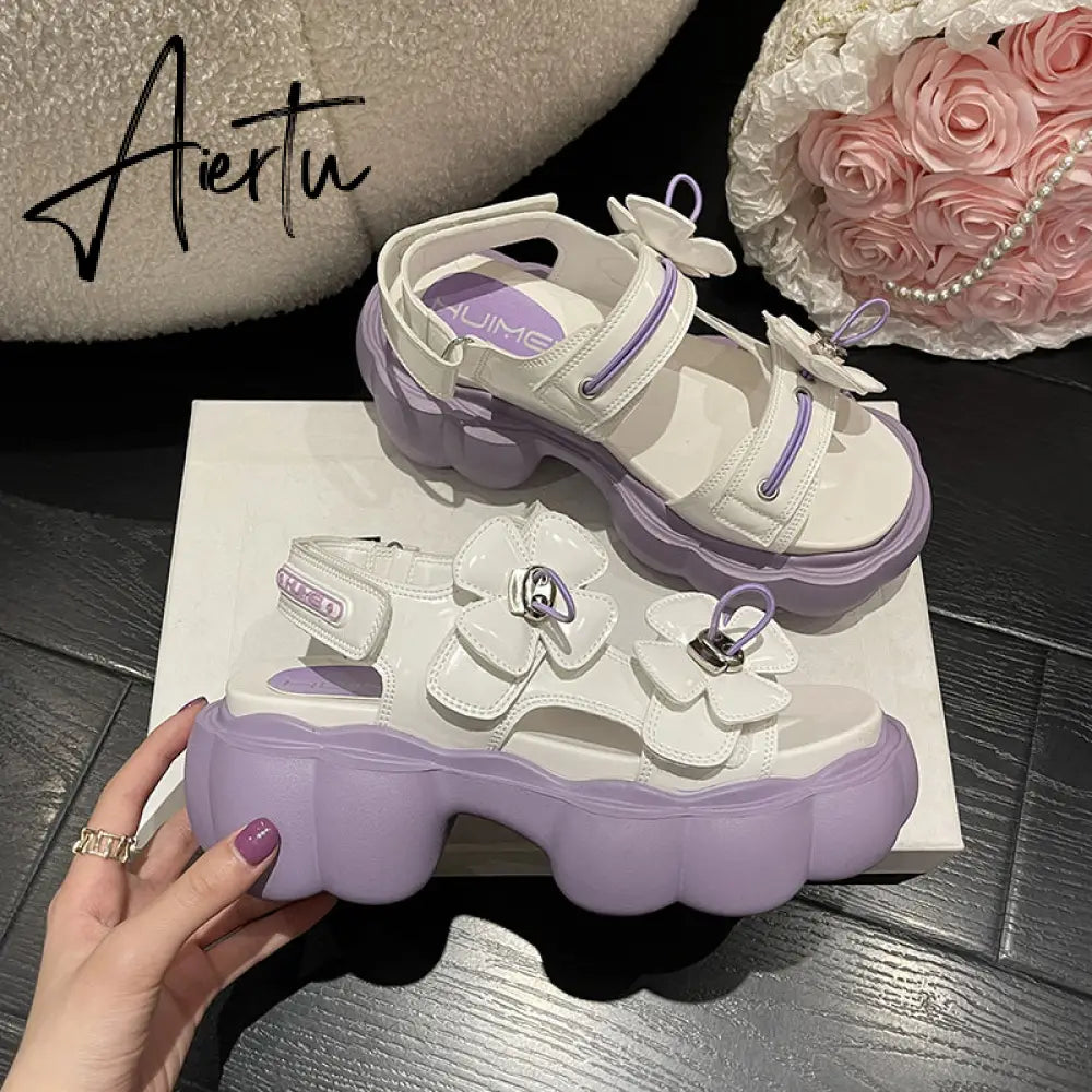 Womens Lolita Flowers Peep Toe Gothic Punk Platform Sandals Shoes Creepers Japanese Harajuku Belt Buckle Black White Aiertu