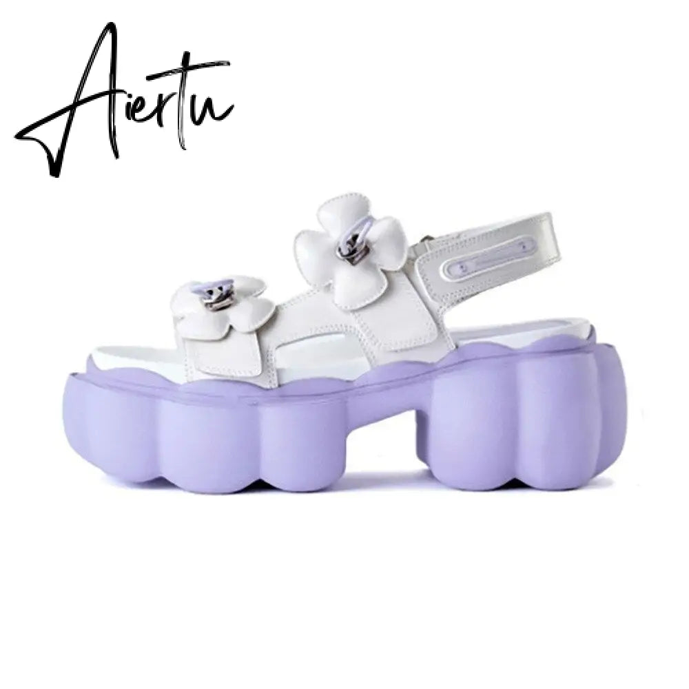 Womens Lolita Flowers Peep Toe Gothic Punk Platform Sandals Shoes Creepers Japanese Harajuku Belt Buckle Black White Aiertu