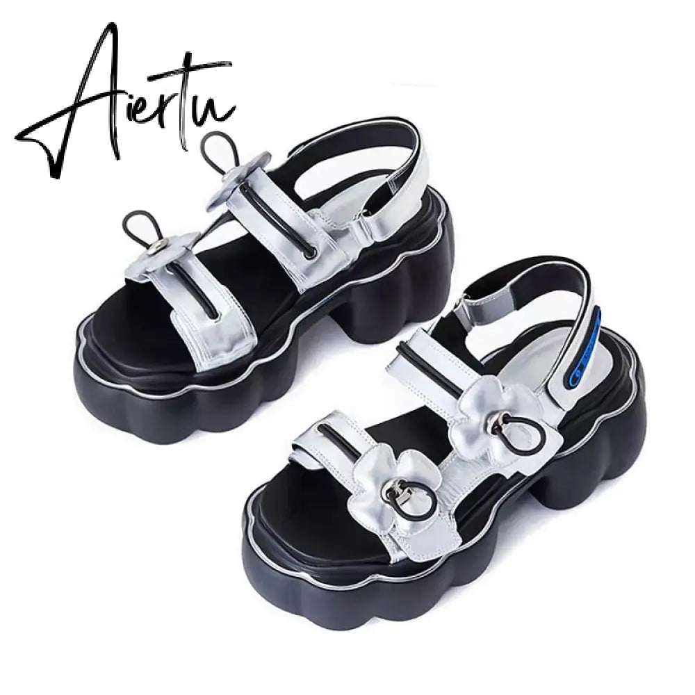 Womens Lolita Flowers Peep Toe Gothic Punk Platform Sandals Shoes Creepers Japanese Harajuku Belt Buckle Black White Aiertu