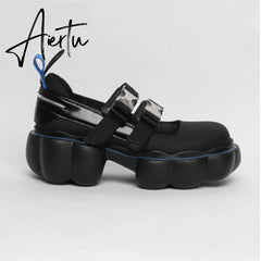 Womens Lolita Square Toe Gothic Punk Pumps Shoes Creepers Japanese Harajuku Platform Belt Buckle Girls Creepers 3Colors Aiertu