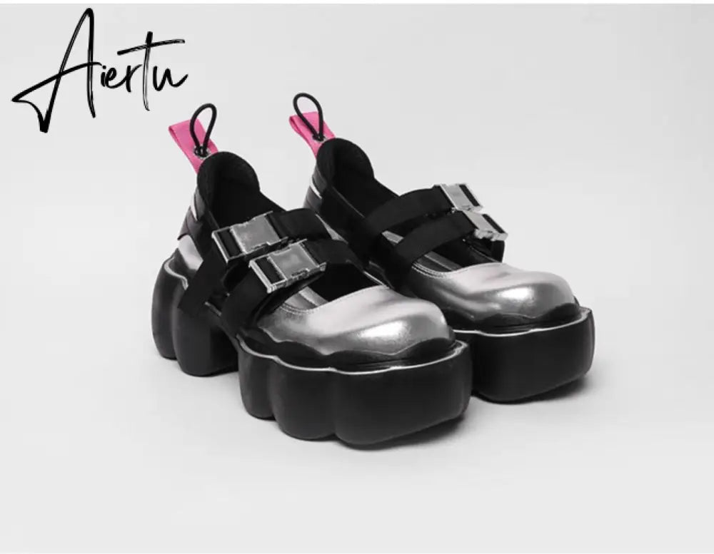 Womens Lolita Square Toe Gothic Punk Pumps Shoes Creepers Japanese Harajuku Platform Belt Buckle Girls Creepers 3Colors Aiertu