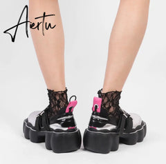 Womens Lolita Square Toe Gothic Punk Pumps Shoes Creepers Japanese Harajuku Platform Belt Buckle Girls Creepers 3Colors Aiertu